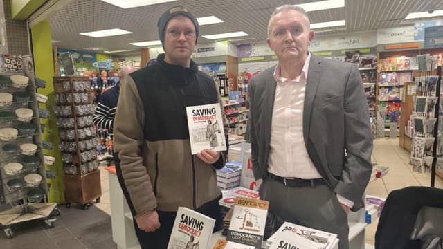 Gerry McKeever (right) at his book signing in Letterkenny. Photo: William Coyle