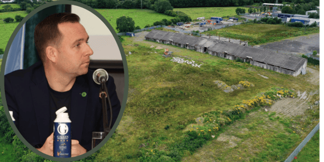 The site of the new Finn Harps stadium and (inset) League of Ireland Director Mark Scanlon. (Sportsfile and North West Newspix)
