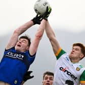 Diarmuid O'Connor of Kerry and Ciarán Moore of Donegal contests a kickout during their league match on Saturday in Killarney