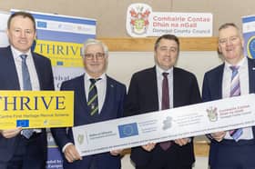Charlie McConalogue TD; John G McLaughlin; Minister for Housing James Browne TD; and Conall McGettigan, Director of the Northern and Western Regional Assembly. 