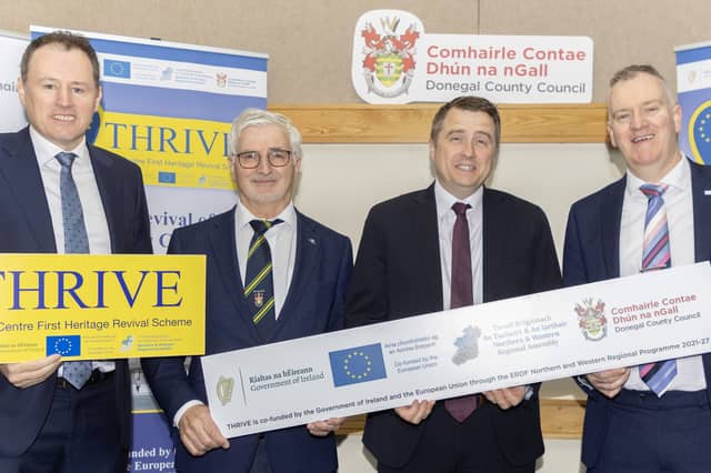 Charlie McConalogue TD; John G McLaughlin; Minister for Housing James Browne TD; and Conall McGettigan, Director of the Northern and Western Regional Assembly.