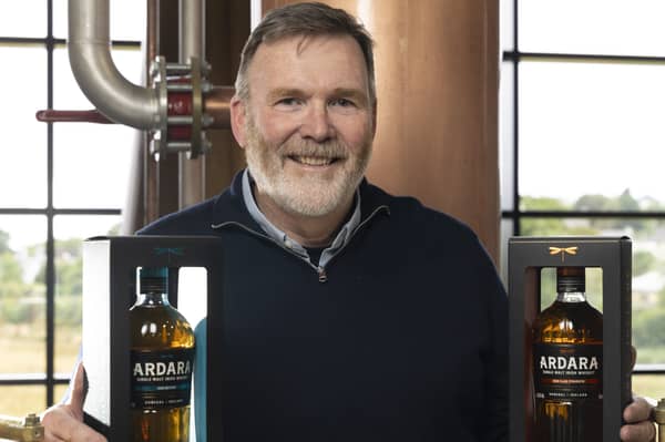 James Doherty with the very first bottles off the line for the second release of Ardara Single Malt