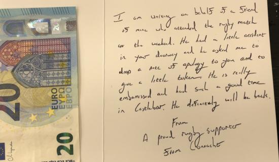 Irish jeweller gets 'lovely' note from rugby fan who was sick in doorway