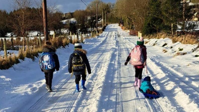 National School pupils get inventive to plough on to school and back in the snow